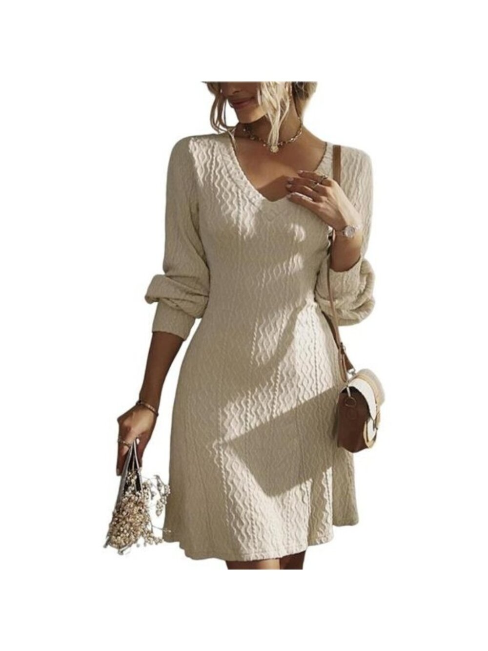 Women's Dress Casual Long Sleeve V Neck Knit A Line Pullover Sweater Mini Dress